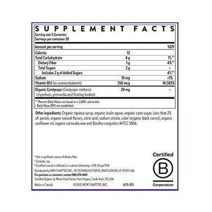 New Chapter® Bioaktive Vitamin B12+ Gummis – 47 % weniger Zucker§, USDA Bio, vegan, mit Cordyceps, zwei Gummis täglich für zelluläre Energieunterstützung, ohne Gentechnik, glutenfrei, Himbeergeschmack, 60 Stück