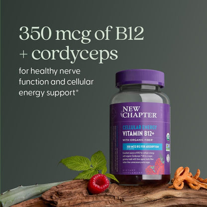 New Chapter® Bioaktive Vitamin B12+ Gummis – 47 % weniger Zucker§, USDA Bio, vegan, mit Cordyceps, zwei Gummis täglich für zelluläre Energieunterstützung, ohne Gentechnik, glutenfrei, Himbeergeschmack, 60 Stück