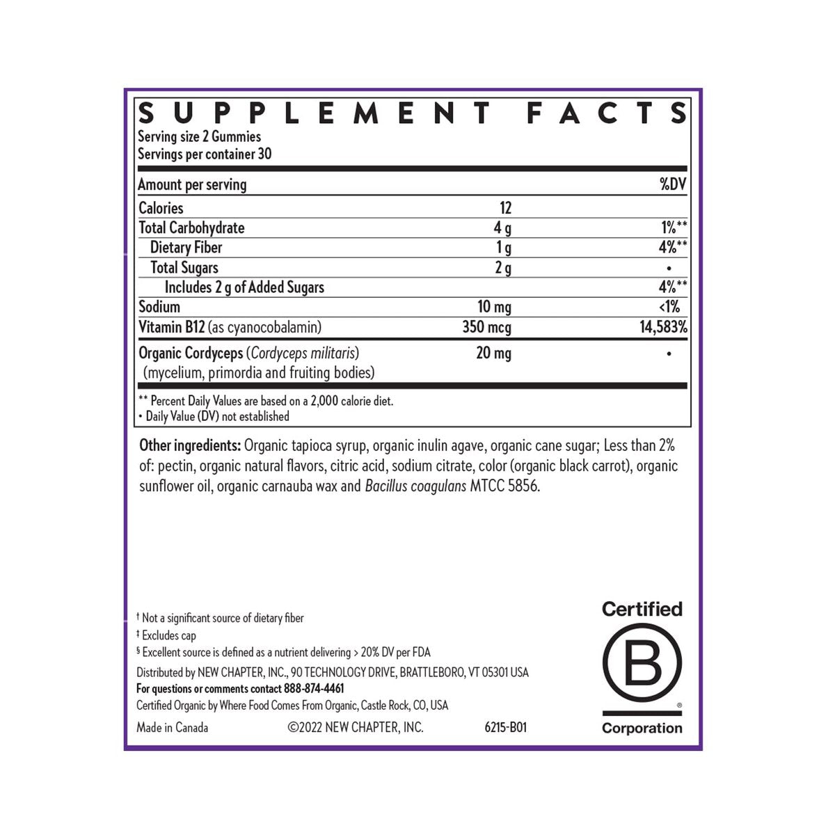 New Chapter® Bioaktive Vitamin B12+ Gummis – 47 % weniger Zucker§, USDA Bio, vegan, mit Cordyceps, zwei Gummis täglich für zelluläre Energieunterstützung, ohne Gentechnik, glutenfrei, Himbeergeschmack, 60 Stück