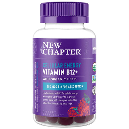 New Chapter® Bioaktive Vitamin B12+ Gummis – 47 % weniger Zucker§, USDA Bio, vegan, mit Cordyceps, zwei Gummis täglich für zelluläre Energieunterstützung, ohne Gentechnik, glutenfrei, Himbeergeschmack, 60 Stück