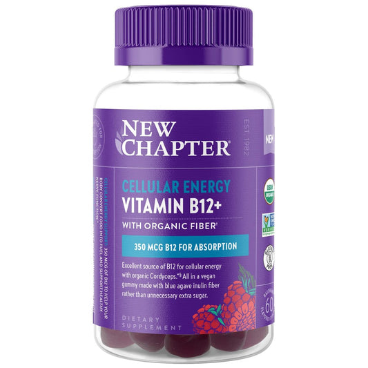 New Chapter® Bioaktive Vitamin B12+ Gummis – 47 % weniger Zucker§, USDA Bio, vegan, mit Cordyceps, zwei Gummis täglich für zelluläre Energieunterstützung, ohne Gentechnik, glutenfrei, Himbeergeschmack, 60 Stück