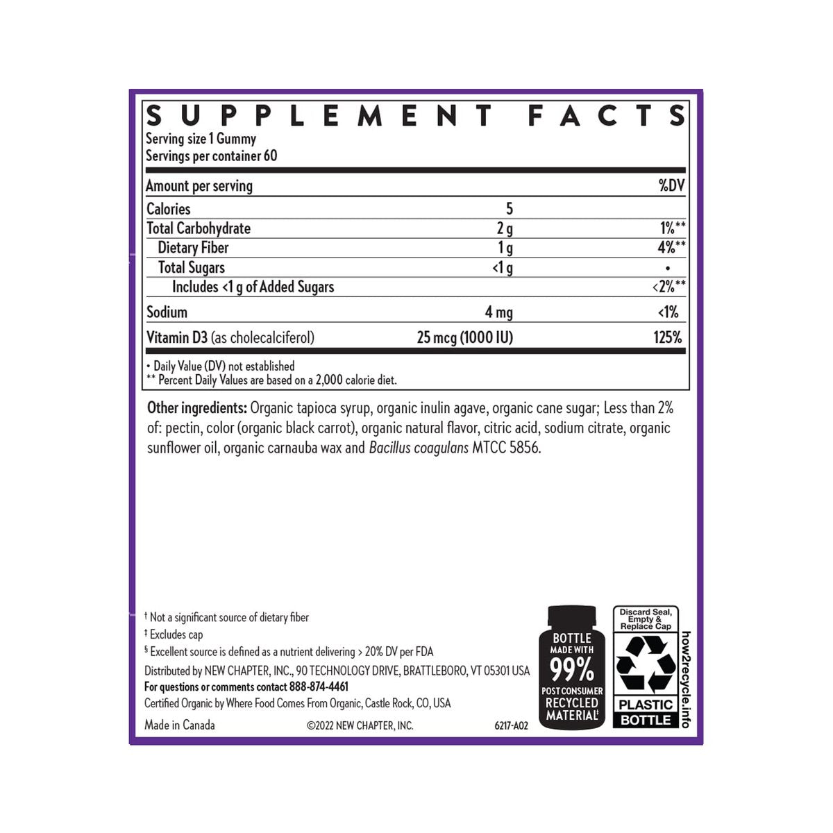 New Chapter Bioaktive Vitamin D3+ Gummis – 52 % weniger Zucker, 1.000 IE USDA Bio-Vitamin D, ein Gummy täglich für starke Knochen & Muskelfunktion, ohne Gentechnik, glutenfrei, gemischte Beeren, 60 Stück
