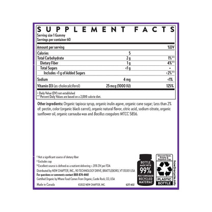New Chapter Bioaktive Vitamin D3+ Gummis – 52 % weniger Zucker, 1.000 IE USDA Bio-Vitamin D, ein Gummy täglich für starke Knochen & Muskelfunktion, ohne Gentechnik, glutenfrei, gemischte Beeren, 60 Stück