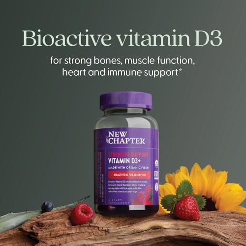 New Chapter Bioaktive Vitamin D3+ Gummis – 52 % weniger Zucker, 1.000 IE USDA Bio-Vitamin D, ein Gummy täglich für starke Knochen & Muskelfunktion, ohne Gentechnik, glutenfrei, gemischte Beeren, 60 Stück