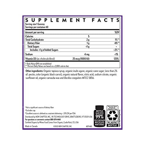 New Chapter Bioaktive Vitamin D3+ Gummis – 52 % weniger Zucker, 1.000 IE USDA Bio-Vitamin D, ein Gummy täglich für starke Knochen & Muskelfunktion, ohne Gentechnik, glutenfrei, gemischte Beeren, 60 Stück