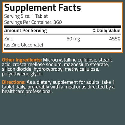 Bronson Zink 50 mg Hochdosiert – Unterstützt Immunsystem, Antioxidantien & Hautgesundheit – Non-GMO, 360 Vegetarische Tabletten
