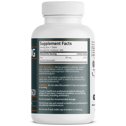Bronson Zink 50 mg Hochdosiert – Unterstützt Immunsystem, Antioxidantien & Hautgesundheit – Non-GMO, 360 Vegetarische Tabletten