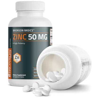 Bronson Zink 50 mg Hochdosiert – Unterstützt Immunsystem, Antioxidantien & Hautgesundheit – Non-GMO, 360 Vegetarische Tabletten