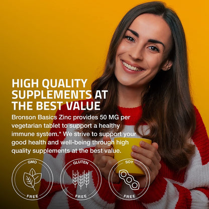Bronson Zink 50 mg Hochdosiert – Unterstützt Immunsystem, Antioxidantien & Hautgesundheit – Non-GMO, 360 Vegetarische Tabletten