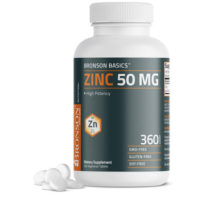 Bronson Zink 50 mg Hochdosiert – Unterstützt Immunsystem, Antioxidantien & Hautgesundheit – Non-GMO, 360 Vegetarische Tabletten