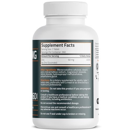 Bronson Zink 50 mg Hochdosiert – Unterstützt Immunsystem, Antioxidantien & Hautgesundheit – Non-GMO, 360 Vegetarische Tabletten