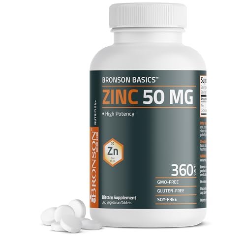 Bronson Zink 50 mg Hochdosiert – Unterstützt Immunsystem, Antioxidantien & Hautgesundheit – Non-GMO, 360 Vegetarische Tabletten