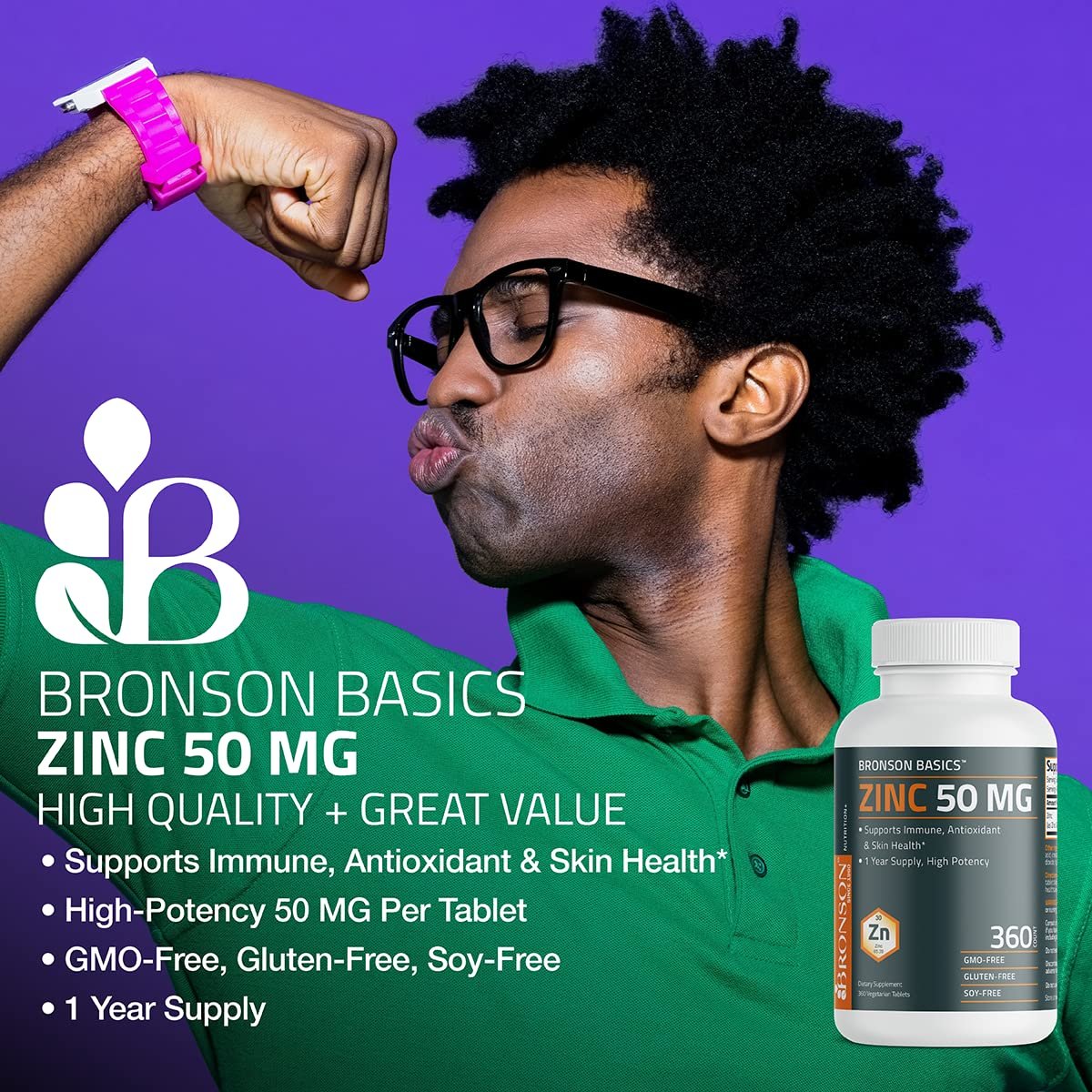 Bronson Zink 50 mg Hochdosiert – Unterstützt Immunsystem, Antioxidantien & Hautgesundheit – Non-GMO, 360 Vegetarische Tabletten