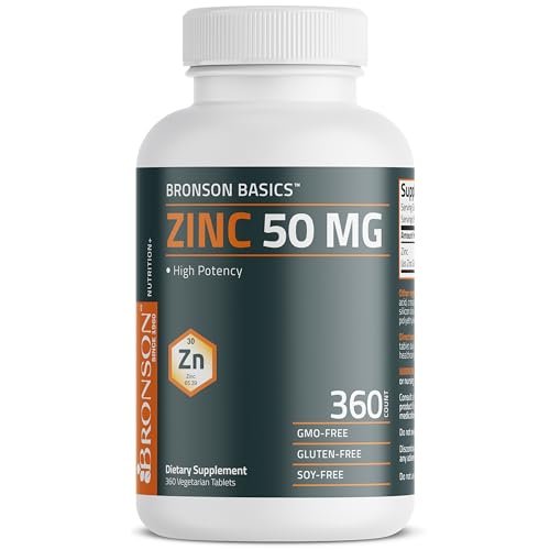 Bronson Zink 50 mg Hochdosiert – Unterstützt Immunsystem, Antioxidantien & Hautgesundheit – Non-GMO, 360 Vegetarische Tabletten
