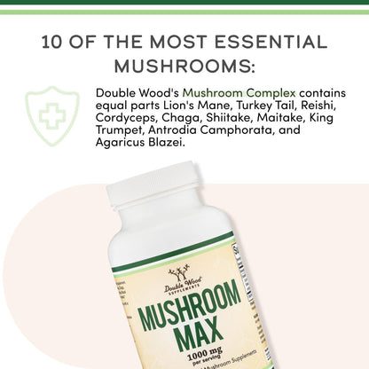 Double Wood Supplements Pilzkomplex – 10 essentielle Pilze (Löwenmähne, Reishi, Cordyceps & mehr) – 1000 mg – 120 Kapseln