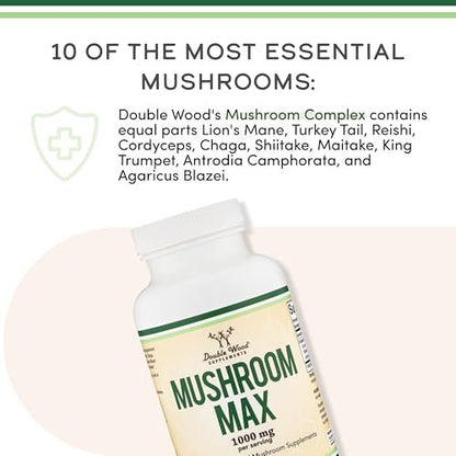 Double Wood Supplements Pilzkomplex – 10 essentielle Pilze (Löwenmähne, Reishi, Cordyceps & mehr) – 1000 mg – 120 Kapseln