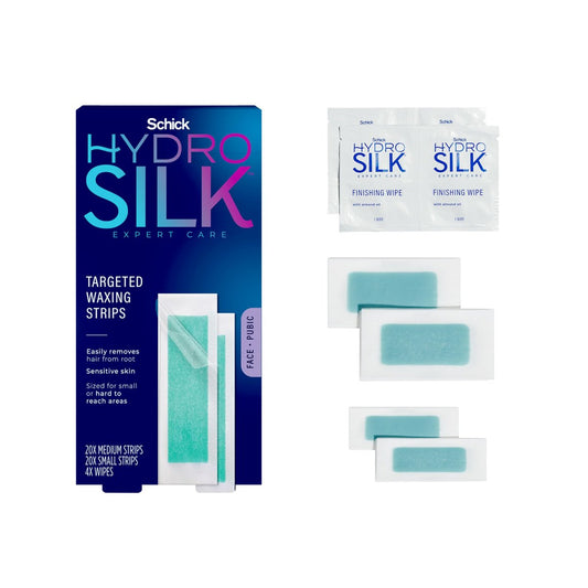 Schick Hydro Silk Targeted Waxing Strips – Sanfte Wachsstreifen für Körper- und Bikinizone, Augenbrauen & Lippen, Enthaarungsset für Frauen