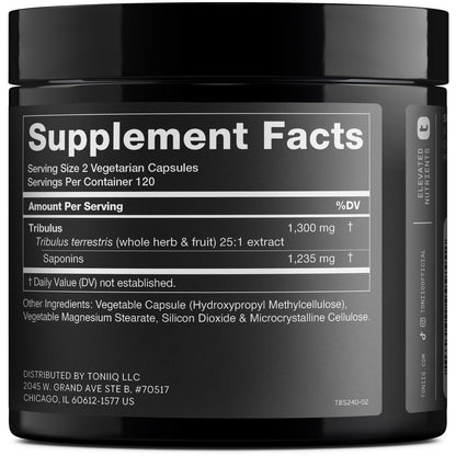 Toniiq Tribulus Terrestris für Männer – Ultrahochpotenter 25:1 Extrakt mit 95% Saponinen – 1300 mg reine & konzentrierte Formel – Laborgeprüft auf Reinheit & Qualität – 240 Kapseln