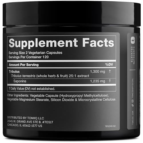 Toniiq Tribulus Terrestris für Männer – Ultrahochpotenter 25:1 Extrakt mit 95% Saponinen – 1300 mg reine & konzentrierte Formel – Laborgeprüft auf Reinheit & Qualität – 240 Kapseln
