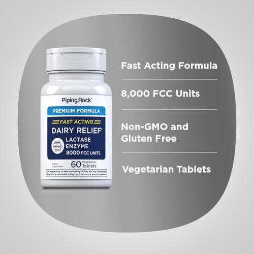 Piping Rock Milchzucker Tabletten 8000 FCC | Schnell wirkende Tabletten | 60 Stück | Laktase-Enzym-Präparat | Premium-Formel | Vegetarisch, Nicht-GVO, Glutenfrei