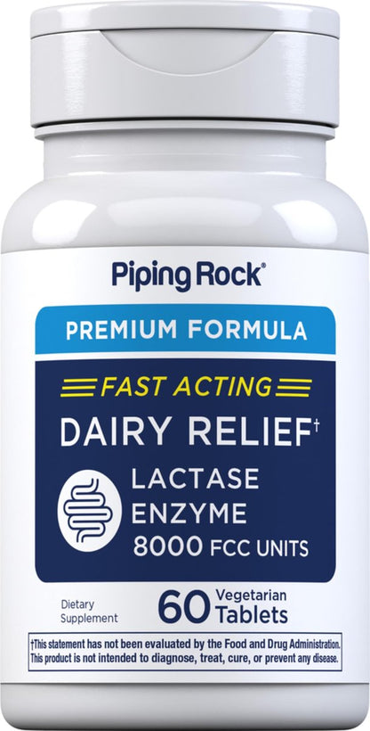 Piping Rock Milchzucker Tabletten 8000 FCC | Schnell wirkende Tabletten | 60 Stück | Laktase-Enzym-Präparat | Premium-Formel | Vegetarisch, Nicht-GVO, Glutenfrei