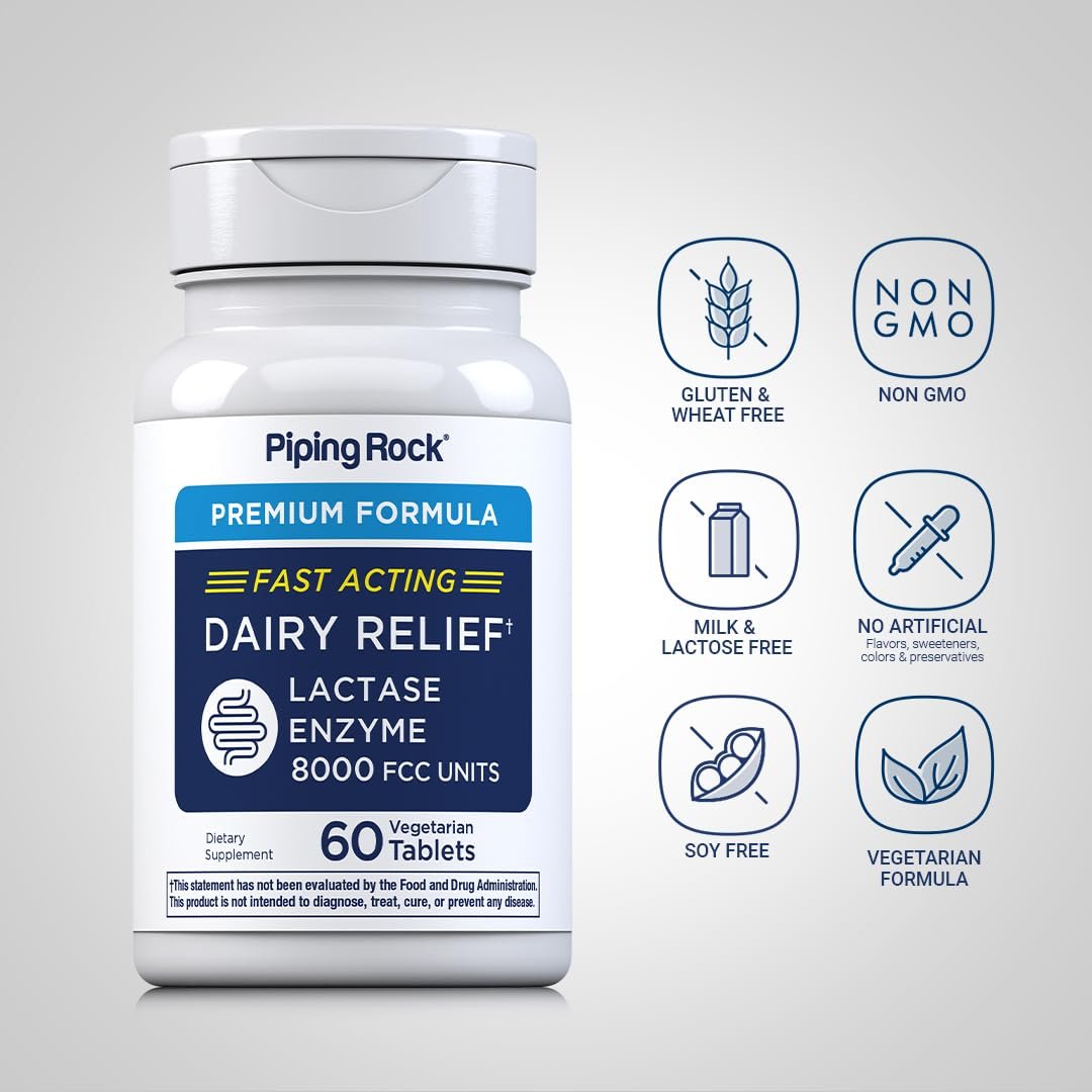 Piping Rock Milchzucker Tabletten 8000 FCC | Schnell wirkende Tabletten | 60 Stück | Laktase-Enzym-Präparat | Premium-Formel | Vegetarisch, Nicht-GVO, Glutenfrei