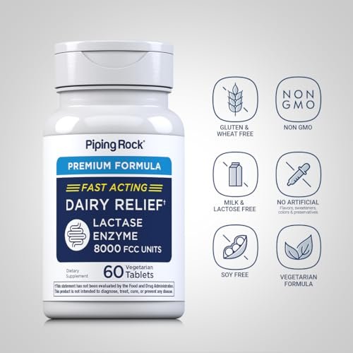 Piping Rock Milchzucker Tabletten 8000 FCC | Schnell wirkende Tabletten | 60 Stück | Laktase-Enzym-Präparat | Premium-Formel | Vegetarisch, Nicht-GVO, Glutenfrei