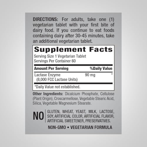 Piping Rock Milchzucker Tabletten 8000 FCC | Schnell wirkende Tabletten | 60 Stück | Laktase-Enzym-Präparat | Premium-Formel | Vegetarisch, Nicht-GVO, Glutenfrei