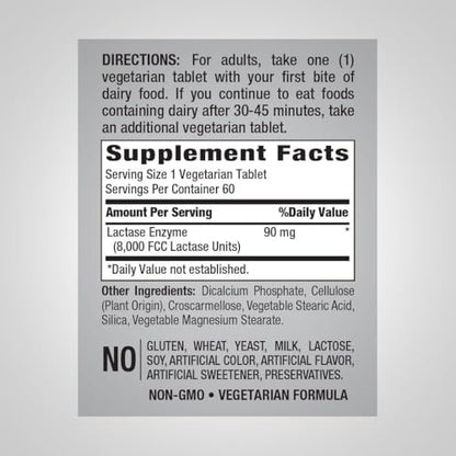 Piping Rock Milchzucker Tabletten 8000 FCC | Schnell wirkende Tabletten | 60 Stück | Laktase-Enzym-Präparat | Premium-Formel | Vegetarisch, Nicht-GVO, Glutenfrei