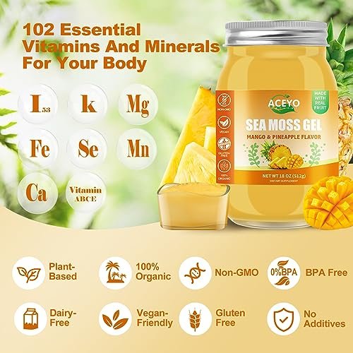ACEYO Irish Sea Moss Gel mit Mango & Ananas – 18 Unzen, roh, vegan, wild geerntet, nicht-GVO, 102 Vitamine & Mineralien