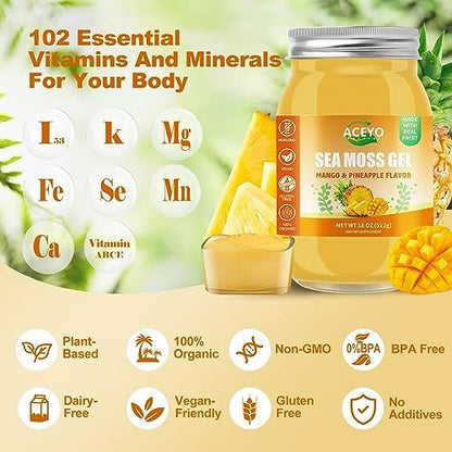 ACEYO Irish Sea Moss Gel mit Mango & Ananas – 18 Unzen, roh, vegan, wild geerntet, nicht-GVO, 102 Vitamine & Mineralien