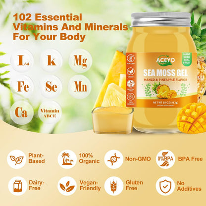 ACEYO Irish Sea Moss Gel mit Mango & Ananas – 18 Unzen, roh, vegan, wild geerntet, nicht-GVO, 102 Vitamine & Mineralien