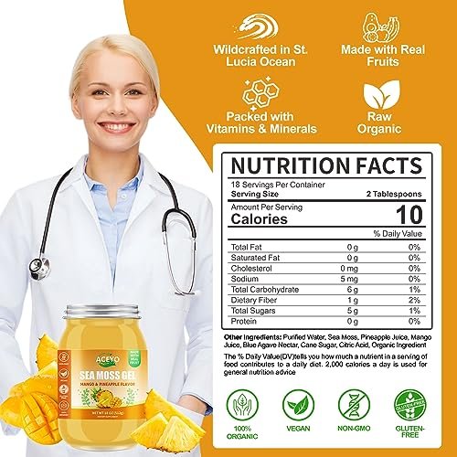 ACEYO Irish Sea Moss Gel mit Mango & Ananas – 18 Unzen, roh, vegan, wild geerntet, nicht-GVO, 102 Vitamine & Mineralien
