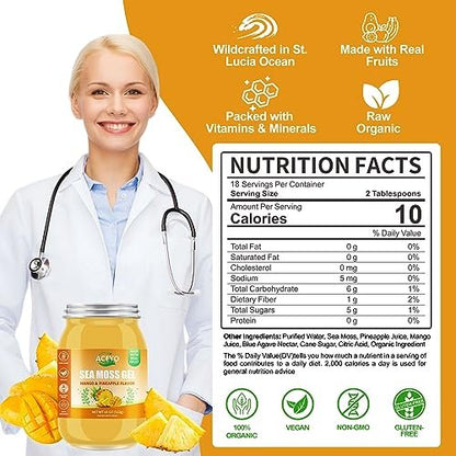 ACEYO Irish Sea Moss Gel mit Mango & Ananas – 18 Unzen, roh, vegan, wild geerntet, nicht-GVO, 102 Vitamine & Mineralien