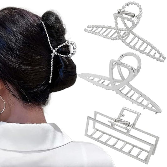 3er-Set Haarklammern für Frauen, Metall Silber Große Haarklammern für dickes und dünnes Haar, Geometrische Kreuz Quadratische Stangenklemmen, Modische Haaraccessoires mit rutschfestem Halt