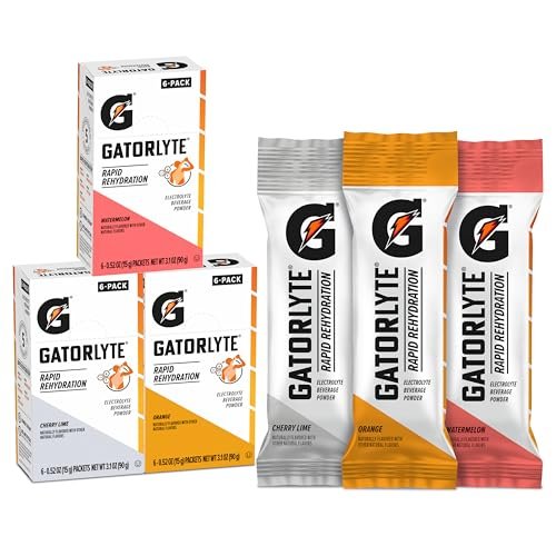 Gatorlyte Rapid Rehydration Elektrolytgetränk, Sortenpackung, Weniger Zucker, Spezielle Mischung aus 5 Elektrolyten, Keine künstlichen Süßstoffe oder Aromen, 18er Pack, 1 Packung mischt mit 500 ml Wasser