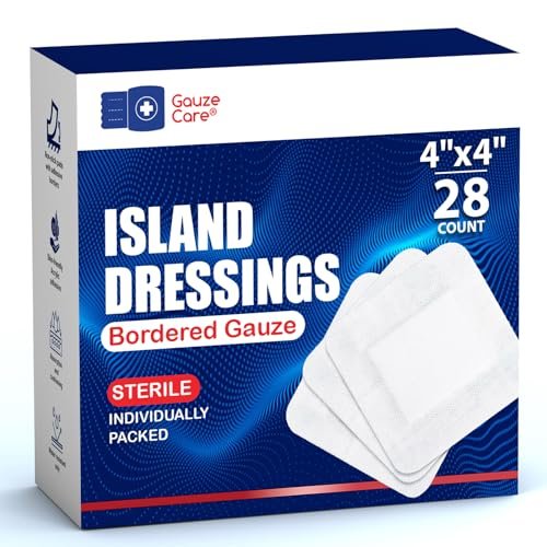 GauzeCare Island Dressing 10x10 cm 28 Stk. | Sterile Einzelverpackte Wundauflagen | 5x5 cm Saugkissen mit Acryl-Kleberand | Wasserabweisende Pflaster für Wundversorgung und Verbandwechsel
