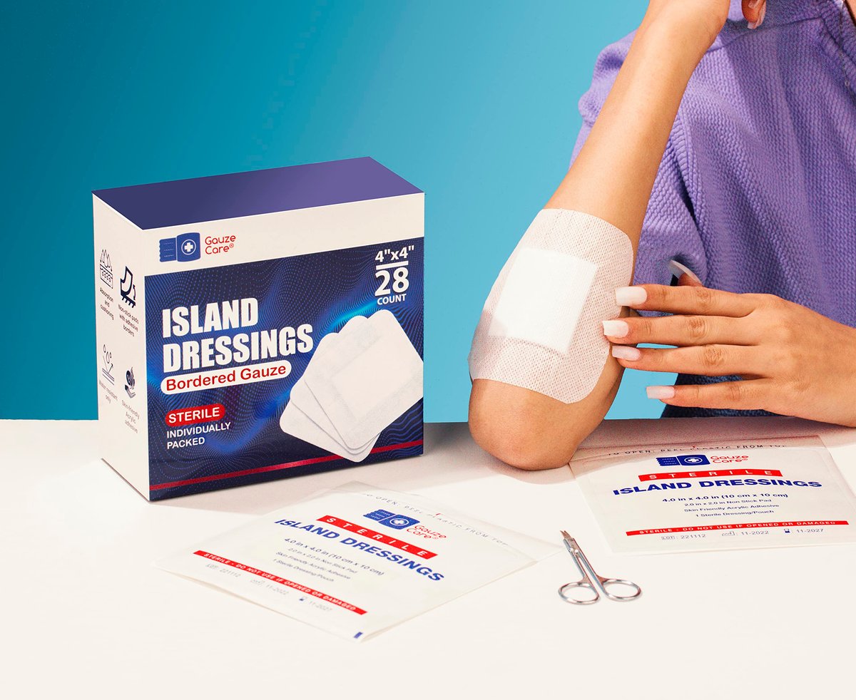 GauzeCare Island Wundverband 6x6 Zoll (25 Stück) | Steriler, einzeln verpackter Wundverband mit saugfähigem 4x4 Zoll Vlieskissen und Acrylkleberand | Wasserabweisende, hautfreundliche Wundauflagen