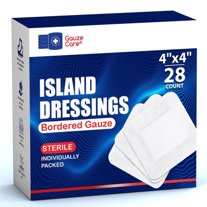 GauzeCare Island Dressing 10x10 cm 28 Stk. | Sterile Einzelverpackte Wundauflagen | 5x5 cm Saugkissen mit Acryl-Kleberand | Wasserabweisende Pflaster für Wundversorgung und Verbandwechsel