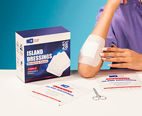 GauzeCare Island Dressing 10x10 cm 28 Stk. | Sterile Einzelverpackte Wundauflagen | 5x5 cm Saugkissen mit Acryl-Kleberand | Wasserabweisende Pflaster für Wundversorgung und Verbandwechsel