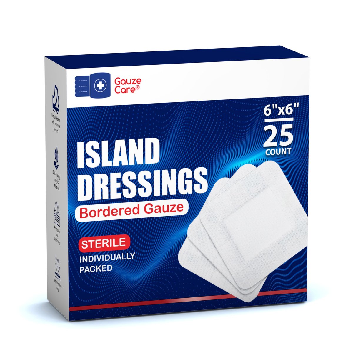 GauzeCare Island Wundverband 6x6 Zoll (25 Stück) | Steriler, einzeln verpackter Wundverband mit saugfähigem 4x4 Zoll Vlieskissen und Acrylkleberand | Wasserabweisende, hautfreundliche Wundauflagen