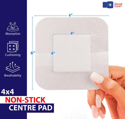 GauzeCare Island Wundverband 6x6 Zoll (25 Stück) | Steriler, einzeln verpackter Wundverband mit saugfähigem 4x4 Zoll Vlieskissen und Acrylkleberand | Wasserabweisende, hautfreundliche Wundauflagen