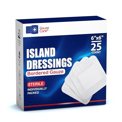GauzeCare Island Wundverband 6x6 Zoll (25 Stück) | Steriler, einzeln verpackter Wundverband mit saugfähigem 4x4 Zoll Vlieskissen und Acrylkleberand | Wasserabweisende, hautfreundliche Wundauflagen