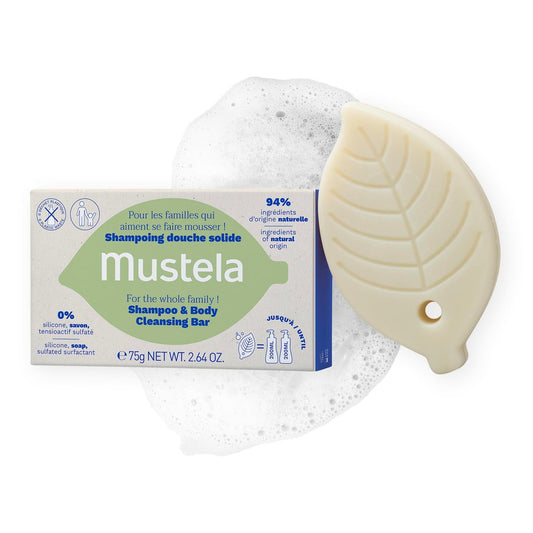 Mustela Festes Shampoo & Duschbar für Baby, Kind & Erwachsene – mit Avocadoöl & Olivenöl – Duftfrei, Plastikfrei, Vegan & Biologisch Abbaubar – 75 g