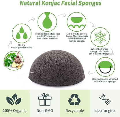 Konjac Gesichtsschwämme für Reinigung und Peeling – 6er-Pack mit Aktivkohle, Natürlicher Konjac-Schwamm für ölige, trockene und empfindliche Haut, Hautpflege-Werkzeug