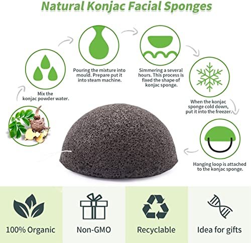 Konjac Gesichtsschwämme für Reinigung und Peeling – 6er-Pack mit Aktivkohle, Natürlicher Konjac-Schwamm für ölige, trockene und empfindliche Haut, Hautpflege-Werkzeug