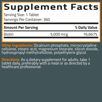 Bronson Biotin 5.000 MCG – Hochdosiertes Biotin für gesundes Haar, Haut und Nägel sowie Energieproduktion – 360 vegetarische Tabletten