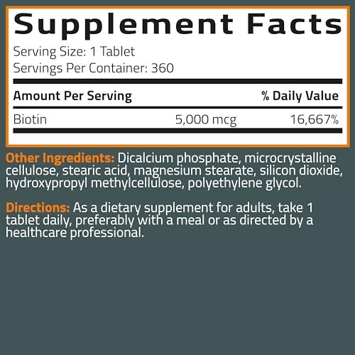 Bronson Biotin 5.000 MCG – Hochdosiertes Biotin für gesundes Haar, Haut und Nägel sowie Energieproduktion – 360 vegetarische Tabletten