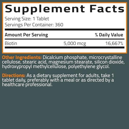 Bronson Biotin 5.000 MCG – Hochdosiertes Biotin für gesundes Haar, Haut und Nägel sowie Energieproduktion – 360 vegetarische Tabletten