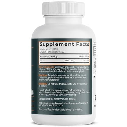 Bronson Biotin 5.000 MCG – Hochdosiertes Biotin für gesundes Haar, Haut und Nägel sowie Energieproduktion – 360 vegetarische Tabletten